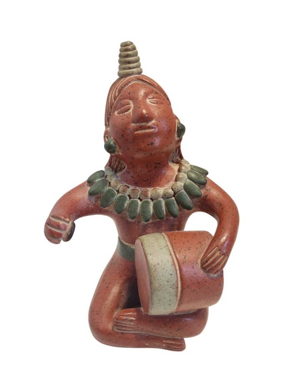 Mexican Folk Art Drummer Figurine Green Accents Tribal Design Pottery Unique